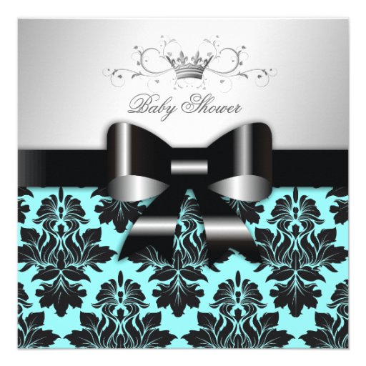 311-Blackberry Blue Damask Black Bow | Baby Shower Personalized Invitation