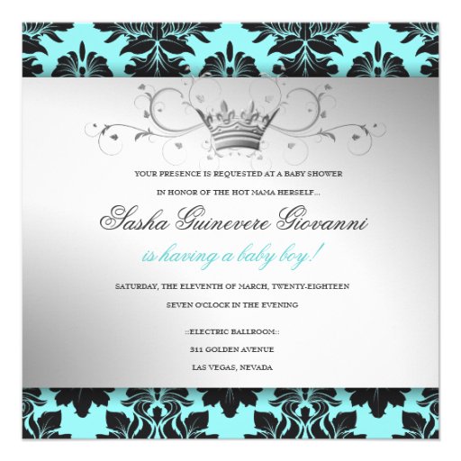 311-Blackberry Blue Damask Black Bow | Baby Shower Personalized Invitation