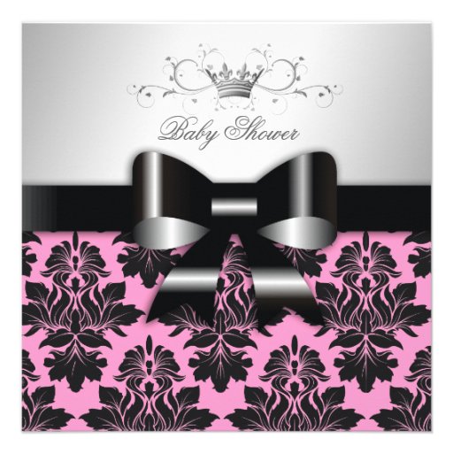 311-Blackberry Pink Damask Black Bow | Baby Shower Custom Invitation