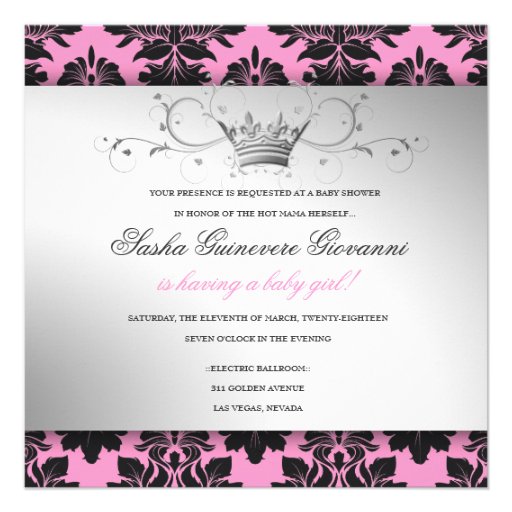 311-Blackberry Pink Damask Black Bow | Baby Shower Custom Invitation