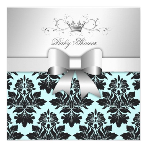 311-Blackberry Sweet Blue Damask Bow | Baby Shower Invite