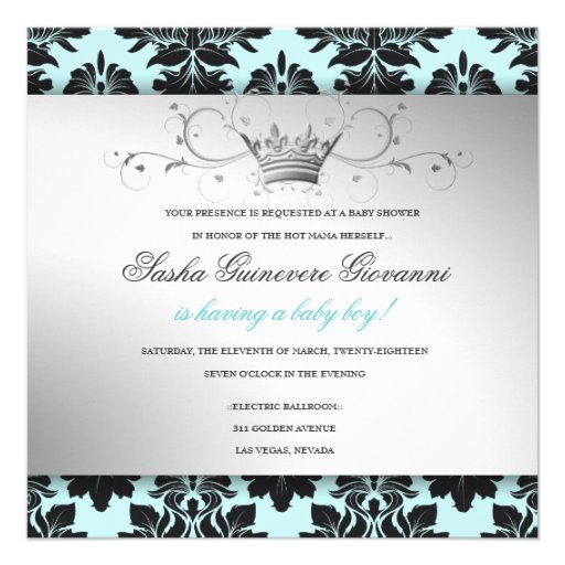 311-Blackberry Sweet Blue Damask Bow | Baby Shower Invite
