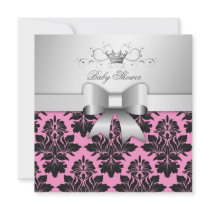 311-Blackberry Sweet Pink Damask Bow | Baby Shower Custom Announcement