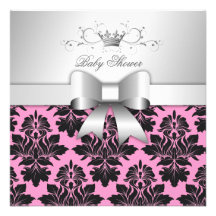 311-Blackberry Sweet Pink Damask Bow | Baby Shower Custom Announcement