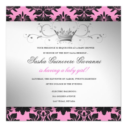 311-Blackberry Sweet Pink Damask Bow | Baby Shower Custom Announcement