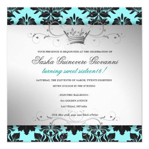 311-Blackberry Turquoise Damask Bow | Sweet 16 Custom Invitation