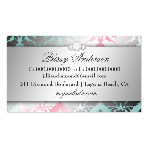 311 Bodacious Damask Shimmer Turq Pink Business Card Template (back side)