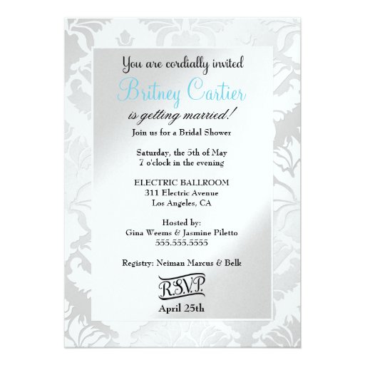 311 Bridal Shower Aqua Metallic Damask Custom Invite