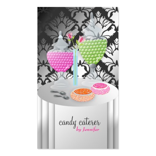 311-Candy Caterer Version 2 Damask Shimmer Business Card Template (front side)