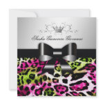 311- Chic Hot Pink Lime Leopard Bow  | Sweet 16 Personalized Invitation