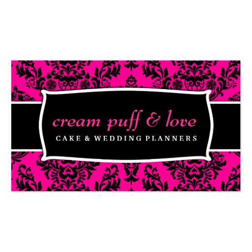311 Cream Puff & Love Black Hot Pink Damask Business Card (front side)