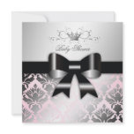 311-Damask Shimmer Black Bow Pink Baby Shower Personalized Announcement
