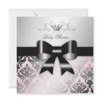 311-Damask Shimmer Black Bow Pink Baby Shower Personalized Announcement