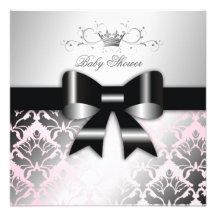 311-Damask Shimmer Black Bow Pink Baby Shower Personalized Announcement