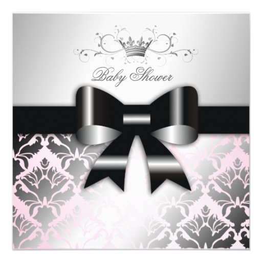 311-Damask Shimmer Black Bow Pink Baby Shower Personalized Announcement