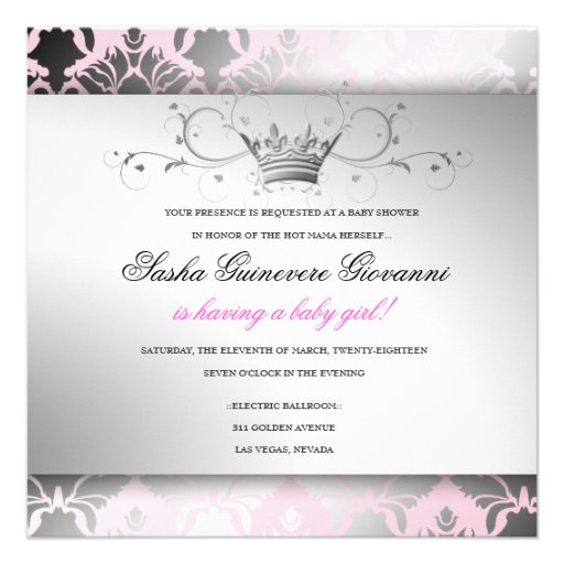 311-Damask Shimmer Black Bow Pink Baby Shower Personalized Announcement