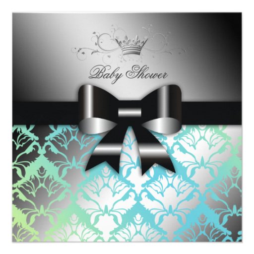 311-Damask Shimmer Black Bow Turq Lime Baby Shower Invite