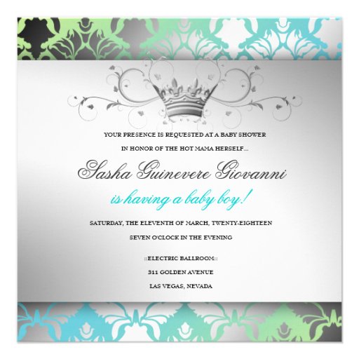 311-Damask Shimmer Black Bow Turq Lime Baby Shower Invite
