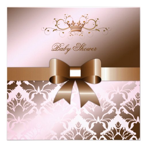 311 Damask Shimmer Bow Brown Pink Baby Shower Personalized Invites