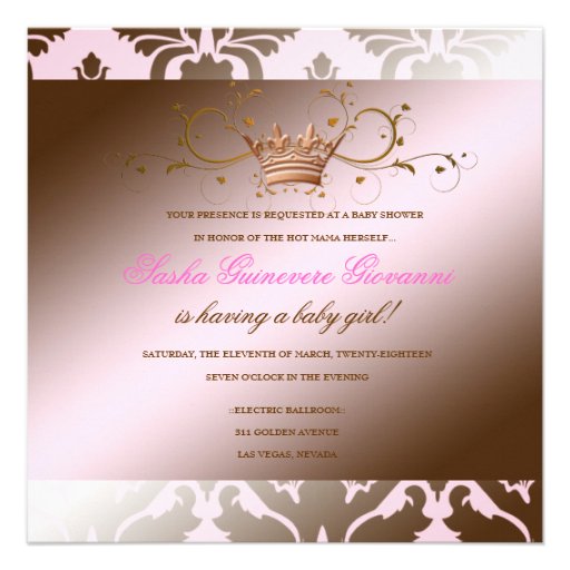 311 Damask Shimmer Bow Brown Pink Baby Shower Personalized Invites