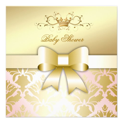 311 Damask Shimmer Bow Champagne Pink Baby Shower Announcements