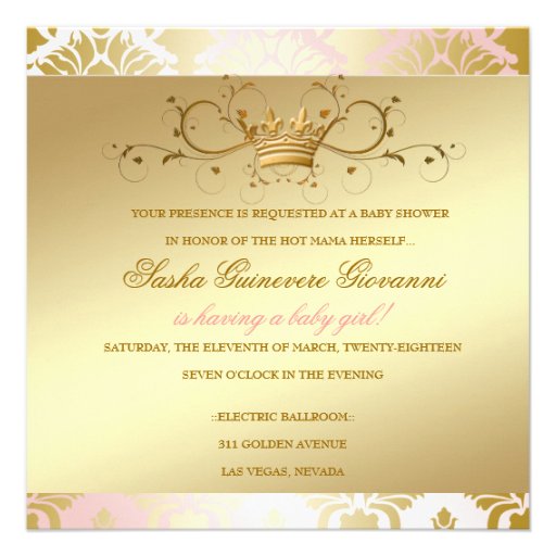 311 Damask Shimmer Bow Champagne Pink Baby Shower Announcements