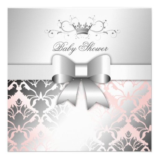 311 Damask Shimmer Bow Champagne Pink Baby Shower Personalized Invitation