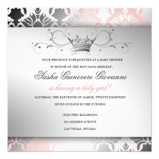 311 Damask Shimmer Bow Champagne Pink Baby Shower Personalized Invitation