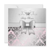 311-Damask Shimmer Bow Precious Pink Baby Shower Personalized Invitation
