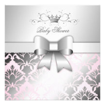 311-Damask Shimmer Bow Precious Pink Baby Shower Personalized Invitation
