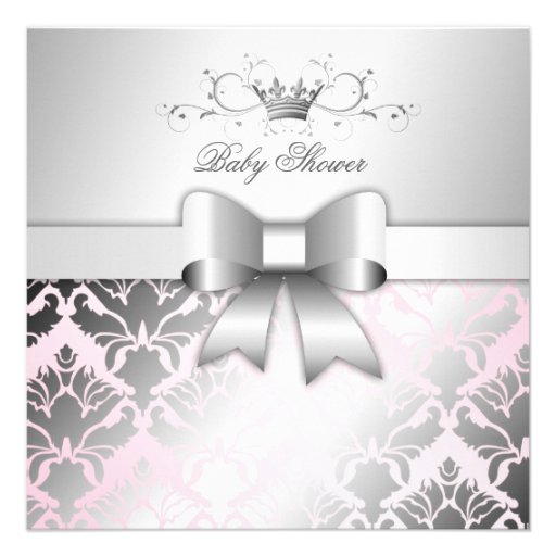 311-Damask Shimmer Bow Precious Pink Baby Shower Personalized Invitation