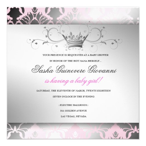 311-Damask Shimmer Bow Precious Pink Baby Shower Personalized Invitation
