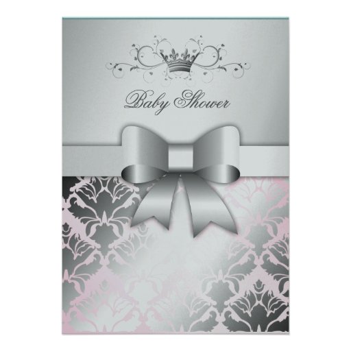 311 Damask Shimmer Bow Precious Pink Baby Shower Custom Invite
