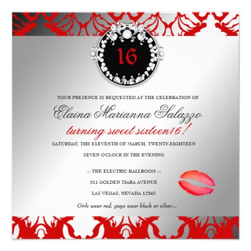 311-Damask Shimmer Queen Kisses Sweet 16 Cherry Custom Announcements