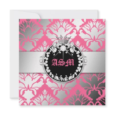 311-Damask Shimmer Queen Sweet 16 Pink Personalized Invites by Jill311