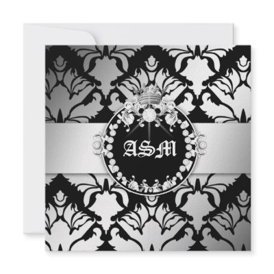 311-Damask Shimmer Queen Sweet Sixteen Black White Personalized Announcements by Jill311