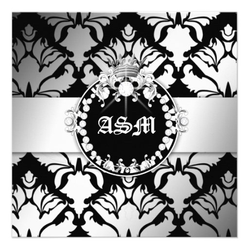 311-Damask Shimmer Queen Sweet Sixteen Black White Personalized Announcements