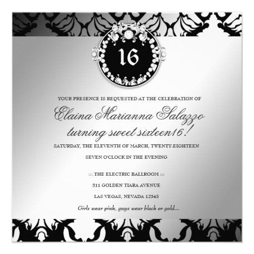 311-Damask Shimmer Queen Sweet Sixteen Black White Personalized Announcements