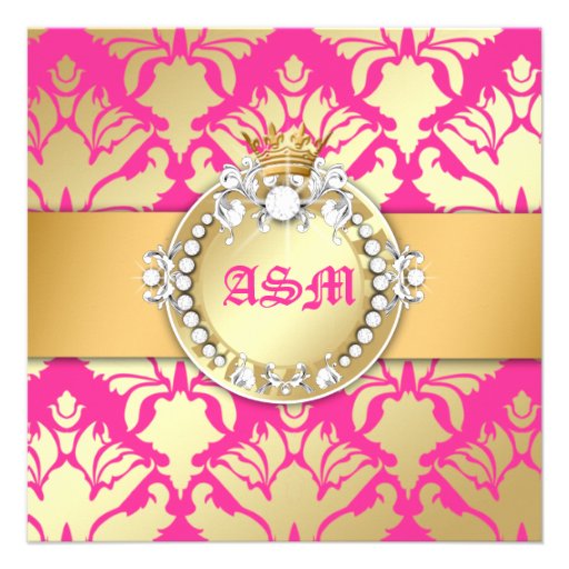 311-Damask Shimmer Queen Sweet Sixteen Golden Pink Personalized Announcements