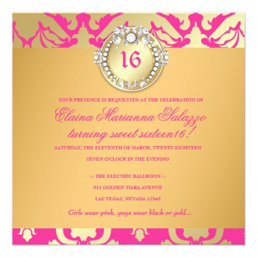 311-Damask Shimmer Queen Sweet Sixteen Golden Pink Personalized Announcements