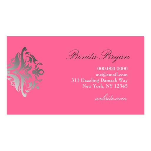 311-Dazzle Me Damask - B Monogram Pink Business Card Templates (back side)