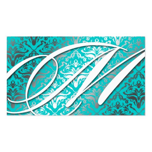 311-Dazzle Me Damask -M Monogram Turquoise Business Card Template (front side)