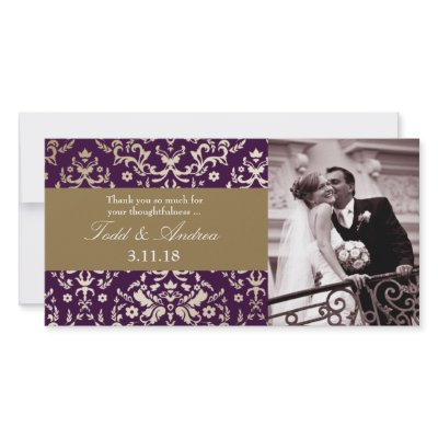 311-Dazzling Damask Gold Eggplant Thank you Photo Card by Jill311