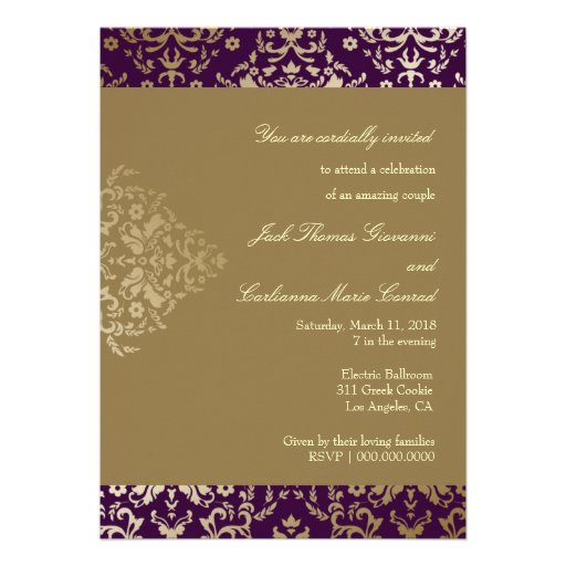 311 Dazzling Damask Gold Ivory Deep Purple Personalized Invite