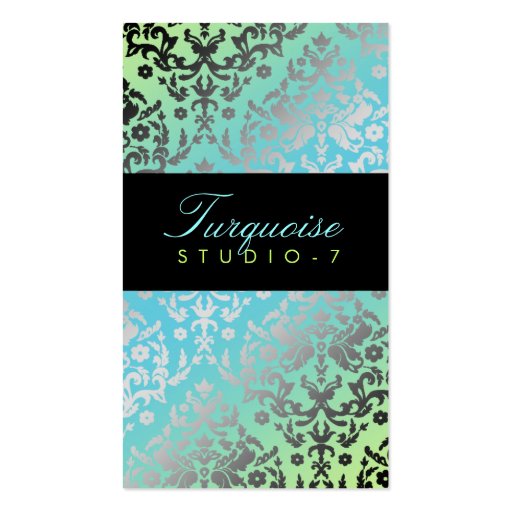 311-Dazzling Damask Turquoise Lime Black Business Cards (front side)