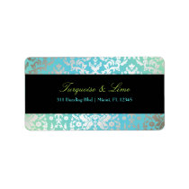 311-Dazzling Damask Turquoise & Lime Black Custom Address Label