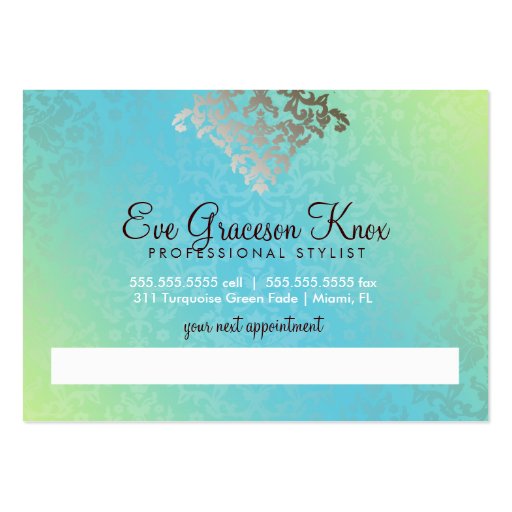 311-Dazzling Damask Turquoise & Lime Business Card Templates (back side)