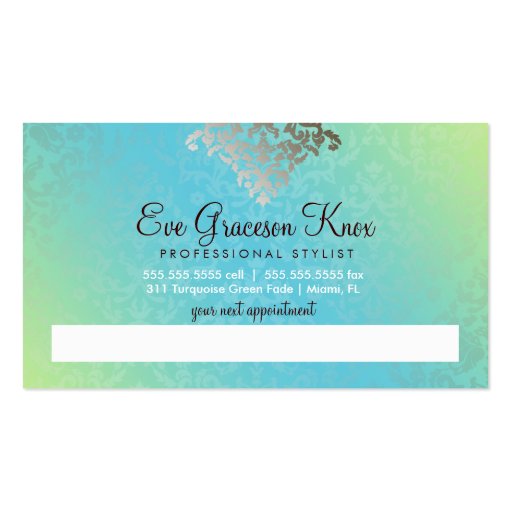 311 Dazzling Damask Turquoise & Lime Business Card Templates (back side)