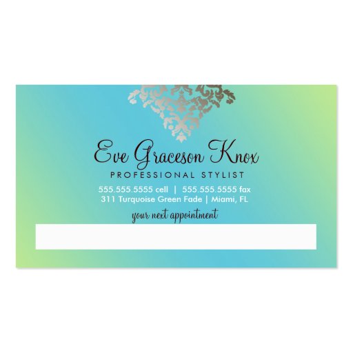 311 Dazzling Damask Turquoise & Lime Business Cards (back side)