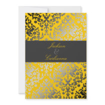 311 Dazzling Damask Yellow | Charcoal Gray Band Personalized Invitations